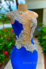 V-neck Mermaid Appliques Lace Sequined Open Back One Shoulder Floor-length Sleeveless Prom Dresses
