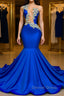 V Neck Mermaid Appliques Lace Sequined Open Back One Shoulder Floor Length Sleeveless Prom Dresses