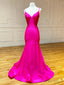 V Neck Mermaid Hot Pink Prom Dress, Hot Pink Mermaid Backless Prom Dresses