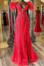 V Neck Mermaid Off Shoulder Red Lace Long Prom Dress, Mermaid Red Prom Dress, Red Lace Prom Dresses