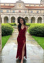 V Neck Mermaid Sequin Burgundy Long Prom Dress With Slit