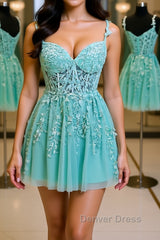 V Neck Mint Green Lace Short Prom Dresses, Mint Green Lace Homecoming Dresses, Mint Green Formal Evening Dresses