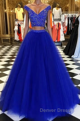 V Neck Off Shoulder 2 Pieces Beads Blue Tulle Long Prom Dresses, Blue 2 Pieces Ball Gown, Evening Dresses