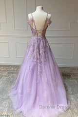 V Neck Off Shoulder Long Lilac Lace Prom Dresses, Off Shoulder Purple Lace Formal Graduation Evening Dresses