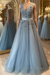 V Neck Open Back Beaded Blue Long Prom Dresses with 3D Flowers, Open Back Blue Formal Graduation Evening Dresses