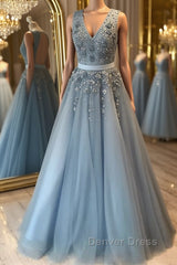 V Neck Open Back Beaded Blue Long Prom Dresses with 3D Flowers, Open Back Blue Formal Graduation Evening Dresses