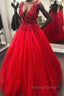 V Neck Open Back Beading Red Long Prom Dress with 3D Flower, V Neck Red Prom Dress, Red Prom Dresses