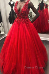 V Neck Open Back Beading Red Long Prom Dresses with 3D Flower, V Neck Red Formal Dresses, Red Evening Dresses