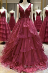 V Neck Open Back Burgundy Lace Long Prom Dresses, Burgundy Lace Formal Evening Dresses, Burgundy Ball Gown