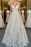 V Neck Open Back Champagne Lace Long Prom Dress, Champagne Lace Prom Graduation Prom Dresses