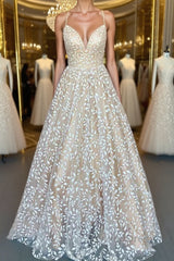 V Neck Open Back Champagne Lace Long Prom Dresses, Champagne Lace Formal Graduation Evening Dresses