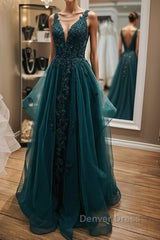 V Neck Open Back Dark Green Lace Beaded Long Prom Dresses, Dark Green Lace Formal Dresses, Dark Green Evening Dresses