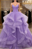V Neck Open Back Fluffy Purple Tulle Long Prom Dresses