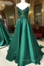 V Neck Open Back Green Lace Long Prom Dress, V Neck Backless Green Lace Long Prom Graduation Prom Dresses