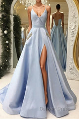 V Neck Open Back Light Blue Satin Long Prom Dresses with Pocket