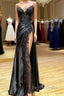 V Neck Open Back Mermaid Black Lace Long Prom Dresses with High Slit, Mermaid Black Formal Dresses, Black Lace Evening Dresses