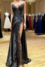 V Neck Open Back Mermaid Black Lace Long Prom Dress with High Slit, Mermaid Black Prom Dress, Black Lace Prom Dresses