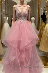 V Neck Open Back Pink Lace Puffy Tulle Long Prom Dresses, Pink Lace Formal Dresses, Pink Evening Dresses