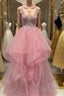 V Neck Open Back Pink Lace Puffy Tulle Long Prom Dress, Pink Lace Prom Dress, Pink Prom Dresses