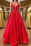 V Neck Open Back Red Lace Long Prom Dress, Red Lace Prom Dress, Beaded Red Prom Dresses