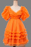 V Neck Orange Ruffled Short Homecoming Dresses with Puff Sleeves