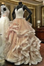 V Neck Organza Ruffles Champagne Wedding Dresses Ball Gowns Ivory Lace Appliques