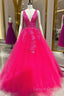 V Neck Pink Lace Prom Dresses, Pink V Neck Long Lace Formal Evening Dresses