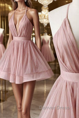 V Neck Pink Short Prom Dresses, Pink Homecoming Dresses, Short Pink Formal Evening Dresses