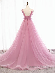 V Neck Pink Tulle Prom Dresses with Train, Pink Long Formal Evening Graduation Dresses