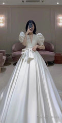 V-Neck Puff Sleeves Newest Wedding Dresses, Luxury A-Line Bridal Gowns Prom Dress