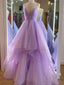 V Neck Purple Tulle Long Prom Dress, Purple High Low Prom Dresses