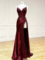 V Neck Satin Lace Long Prom Dress, Lace Long Prom Dresses