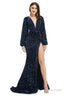 V Neck Sequins Long Sleeve Side Split Prom Dresses