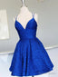V Neck Short Backless Blue Lace Prom Dress, Open Back Short Blue Lace Prom Homecoming Dresses