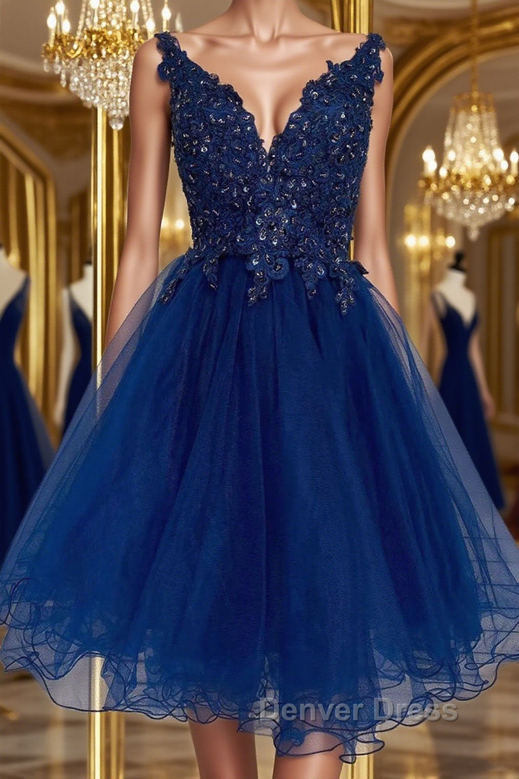 V Neck Short Blue Lace Prom Dress, Blue Lace Homecoming Dress, Short B