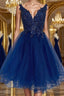 V Neck Short Blue Lace Prom Dress, Blue Lace Homecoming Dress, Short Blue Prom Graduation Prom Dresses