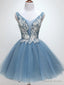V Neck Short Blue Lace Prom Dress, Short Blue Lace Graduation Homecoming Dresses