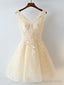 V Neck Short Champagne Lace Prom Dress, Short Champagne Lace Prom Homecoming Dresses