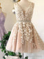 V Neck Short Champagne Lace Prom Dress, Short V Neck Champagne Lace Graduation Homecoming Prom Dressses, Champagne Lace Wedding Dresses