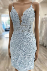 V Neck Short Light Blue Lace Prom Dresses, V Neck Blue Lace Short Graduation Homecoming Dresses