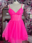 V Neck Short Pink Black Prom Dress, Short V Neck Prom Homecoming Dresses
