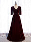 V Neck Short Sleeve Velvet Long Burgundy Prom Dresses