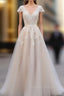 V Neck Short Sleeves Wedding Dresses Lace Applique Floor Length Tulle Bridal Gown