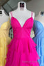 V Neck Straps Fuchsia Ruffle Chiffon Prom Dresses with Slit