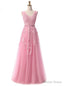 V Neck Tulle A Line Pink Prom Dresses Prom Gowns