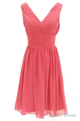 V Neck Watermelon Chiffon Short Bridesmaid Dress