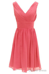 V Neck Watermelon Chiffon Short Bridesmaid Dress