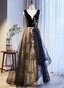 V Neckline Black Tulle with Velvet Top Long Prom Dress Prom Dress, A Line Wedding Prom Dresses