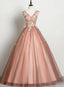 V Neckline Tulle Ball Gowns Pink Sweet 16 Dress, Ball Gowns Lace Applique Quinceanera Dresses