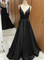 V Neck line Black Long Satin A Line Prom Dress, V Neck Black Prom Dress